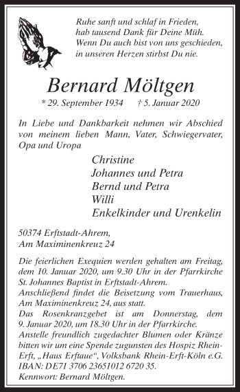 Anzeige von Bernard Möltgen von  Werbepost 
