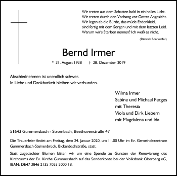 Anzeige von Bernd Irmer von Kölner Stadt-Anzeiger / Kölnische Rundschau / Express