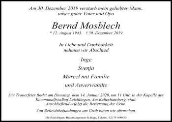 Anzeige von Bernd Mosblech von Kölner Stadt-Anzeiger / Kölnische Rundschau / Express