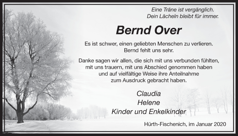  Traueranzeige für Bernd Over vom 15.01.2020 aus  Schlossbote/Werbekurier 