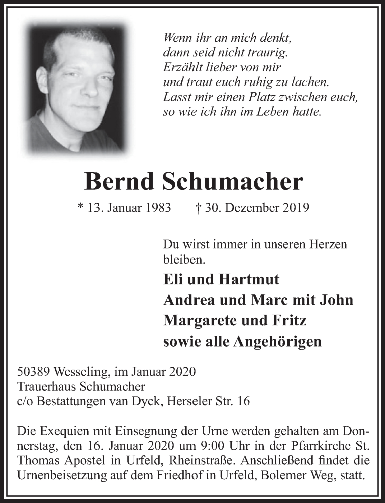  Traueranzeige für Bernd Schumacher vom 08.01.2020 aus  Schlossbote/Werbekurier 