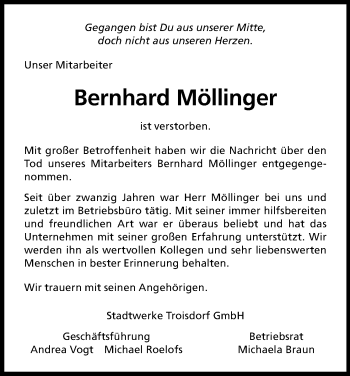 Anzeige von Bernhard Möllinger von Kölner Stadt-Anzeiger / Kölnische Rundschau / Express