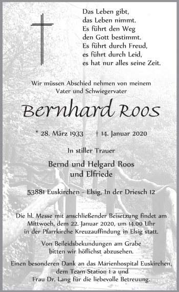 Anzeige von Bernhard Roos von  Blickpunkt Euskirchen 