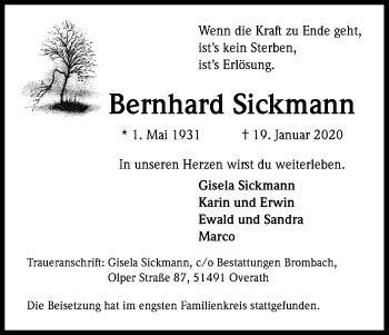 Anzeige von Bernhard Sickmann von Kölner Stadt-Anzeiger / Kölnische Rundschau / Express