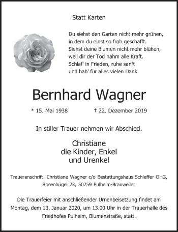 Anzeige von Bernhard Wagner von  Wochenende 