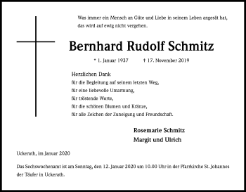 Anzeige von Bernhard Rudolf Schmitz von Kölner Stadt-Anzeiger / Kölnische Rundschau / Express