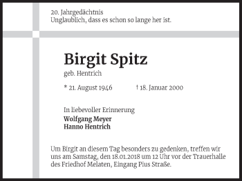 Anzeige von Birgit Spitz von Kölner Stadt-Anzeiger / Kölnische Rundschau / Express