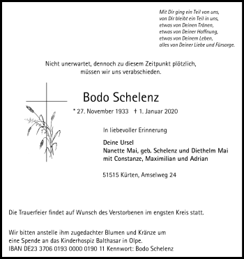 Anzeige von Bodo Schelenz von Kölner Stadt-Anzeiger / Kölnische Rundschau / Express