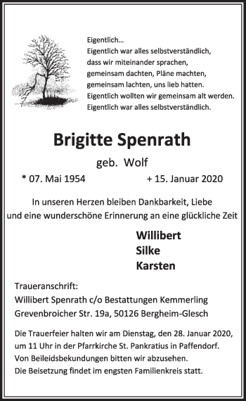 Anzeige von Brigitte Spenrath von  Sonntags-Post 