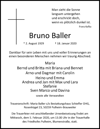 Anzeige von Bruno Baller von Kölner Stadt-Anzeiger / Kölnische Rundschau / Express