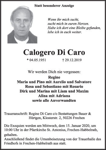 Anzeige von Calogero Di CAro von  Sonntags-Post 