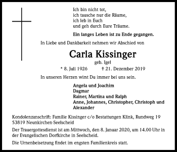 Anzeige von Carla Kissinger von Kölner Stadt-Anzeiger / Kölnische Rundschau / Express