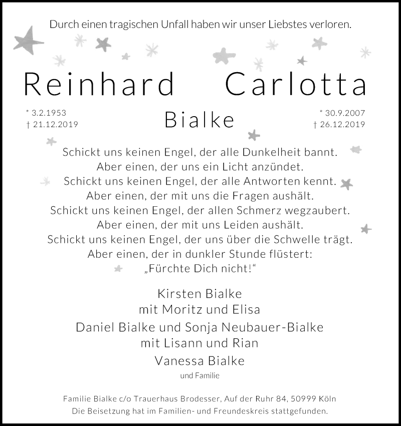  Traueranzeige für Carlotta Bialke vom 11.01.2020 aus Kölner Stadt-Anzeiger / Kölnische Rundschau / Express