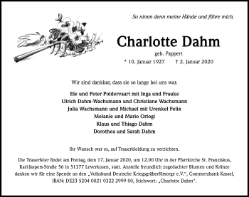 Anzeige von Charlotte Dahm von Kölner Stadt-Anzeiger / Kölnische Rundschau / Express