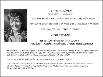 Anzeige von Christa Hefter von  Kölner Wochenspiegel 