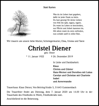 Anzeige von Christel Diener von Kölner Stadt-Anzeiger / Kölnische Rundschau / Express