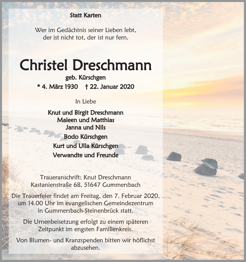  Traueranzeige für Christel Dreschmann vom 25.01.2020 aus Kölner Stadt-Anzeiger / Kölnische Rundschau / Express