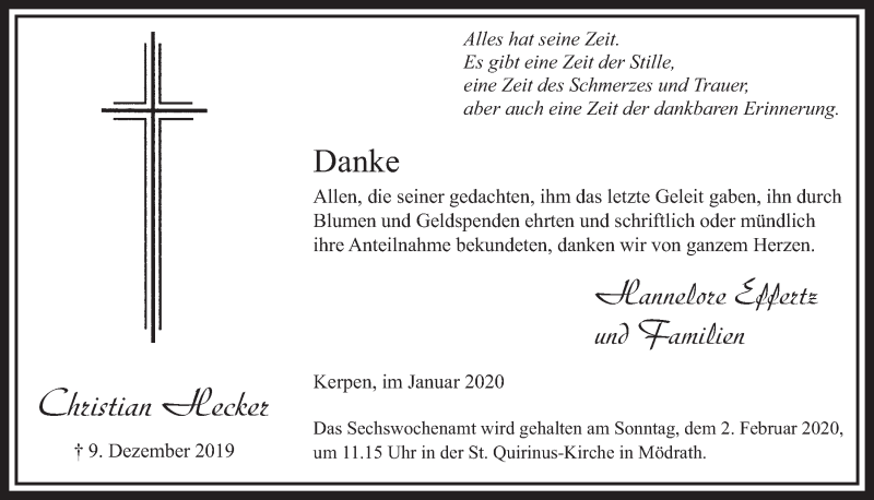  Traueranzeige für Christian Hecker vom 25.01.2020 aus  Sonntags-Post 