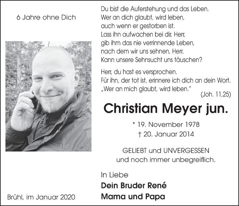  Traueranzeige für Christian Meyer vom 15.01.2020 aus  Schlossbote/Werbekurier 