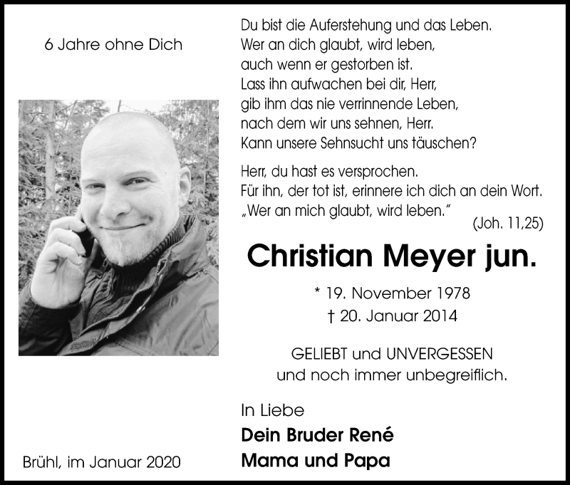  Traueranzeige für Christian Meyer jun. vom 18.01.2020 aus Kölner Stadt-Anzeiger / Kölnische Rundschau / Express