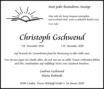 Anzeige von Christoph Gschwend von Kölner Stadt-Anzeiger / Kölnische Rundschau / Express