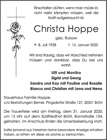 Anzeige von Chrsita Hoppe von  Schlossbote/Werbekurier 