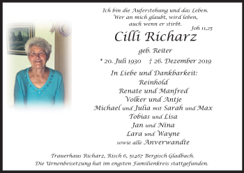 Anzeige von Cilli Richarz von Kölner Stadt-Anzeiger / Kölnische Rundschau / Express