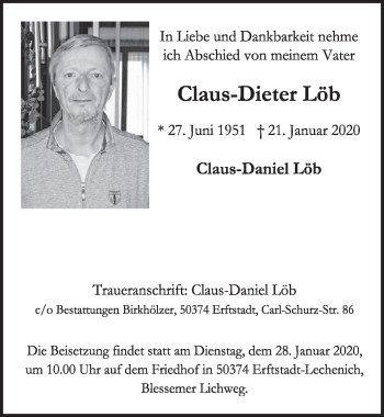 Anzeige von Claus-Dieter Löb von  Sonntags-Post 