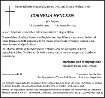 Anzeige von Cornelia Hencken von  Sonntags-Post 