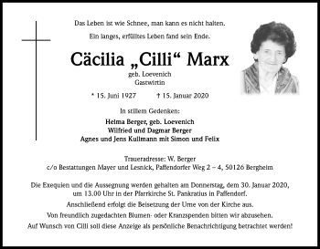 Anzeige von Cäcilia Marx von Kölner Stadt-Anzeiger / Kölnische Rundschau / Express
