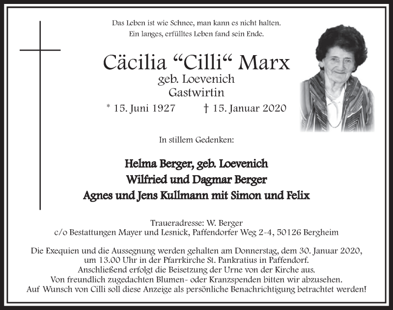  Traueranzeige für Cäcilia Marx vom 25.01.2020 aus  Sonntags-Post 