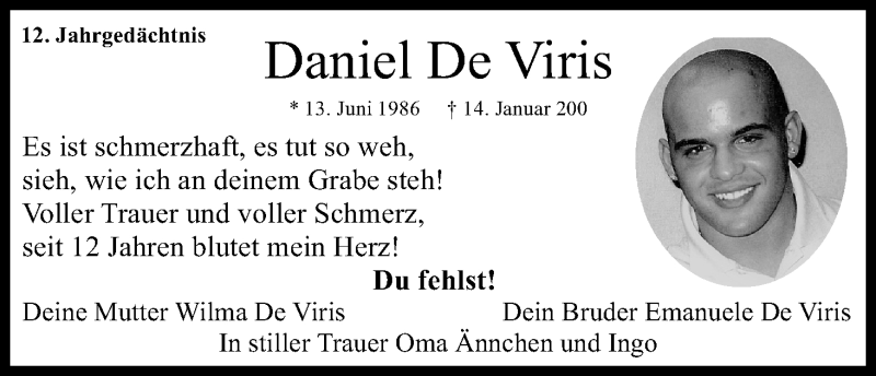  Traueranzeige für Daniel De Viris vom 14.01.2020 aus Kölner Stadt-Anzeiger / Kölnische Rundschau / Express