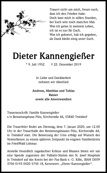 Anzeige von Dieter Kannengießer von Kölner Stadt-Anzeiger / Kölnische Rundschau / Express
