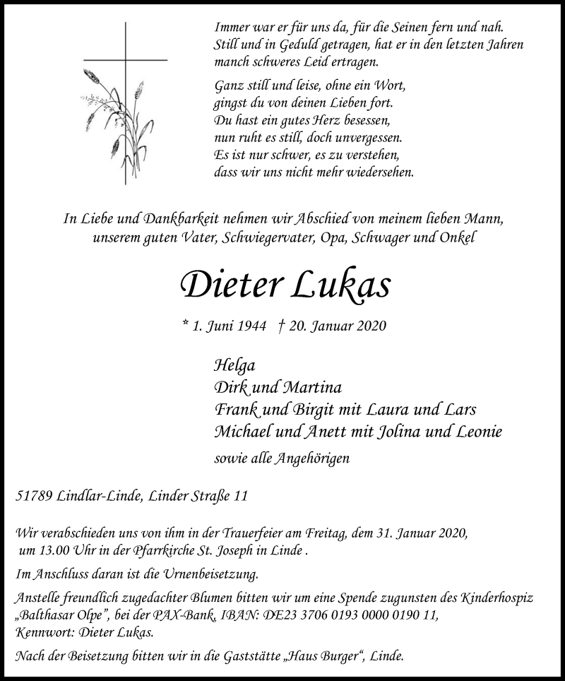  Traueranzeige für Dieter Lukas vom 25.01.2020 aus Kölner Stadt-Anzeiger / Kölnische Rundschau / Express
