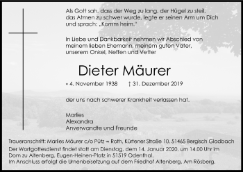 Anzeige von Dieter Mäurer von Kölner Stadt-Anzeiger / Kölnische Rundschau / Express