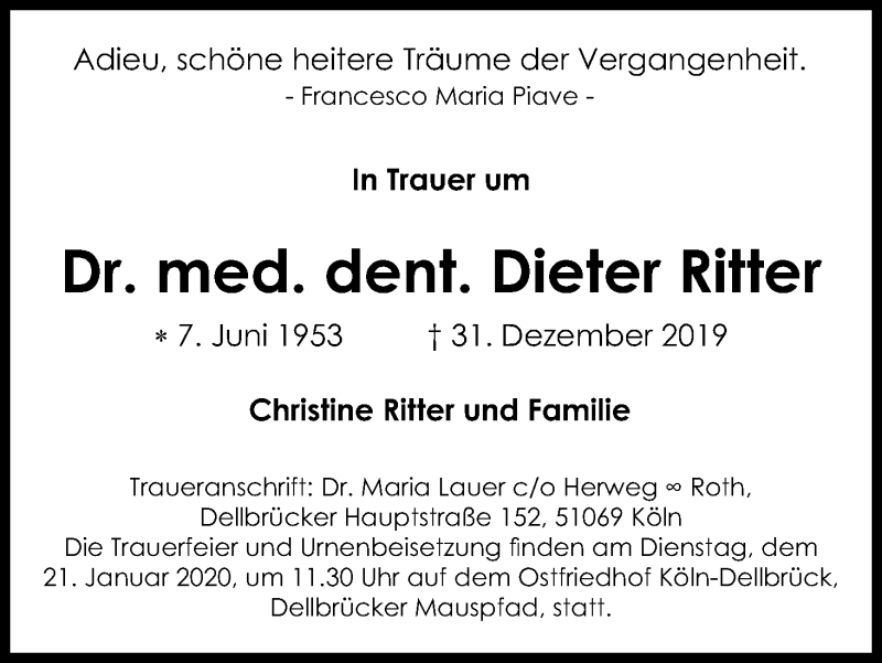  Traueranzeige für Dieter Ritter vom 15.01.2020 aus Kölner Stadt-Anzeiger / Kölnische Rundschau / Express