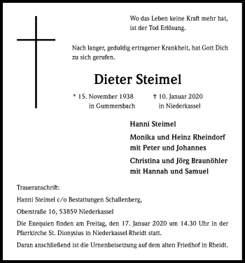 Anzeige von Dieter Steimel von Kölner Stadt-Anzeiger / Kölnische Rundschau / Express