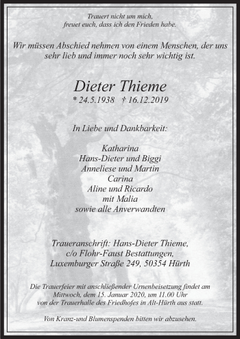 Anzeige von Dieter Thieme von  Wochenende 