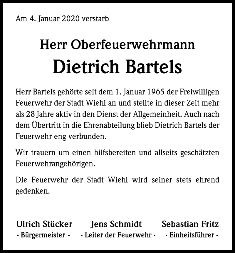  Traueranzeige für Dietrich Bartels vom 11.01.2020 aus Kölner Stadt-Anzeiger / Kölnische Rundschau / Express