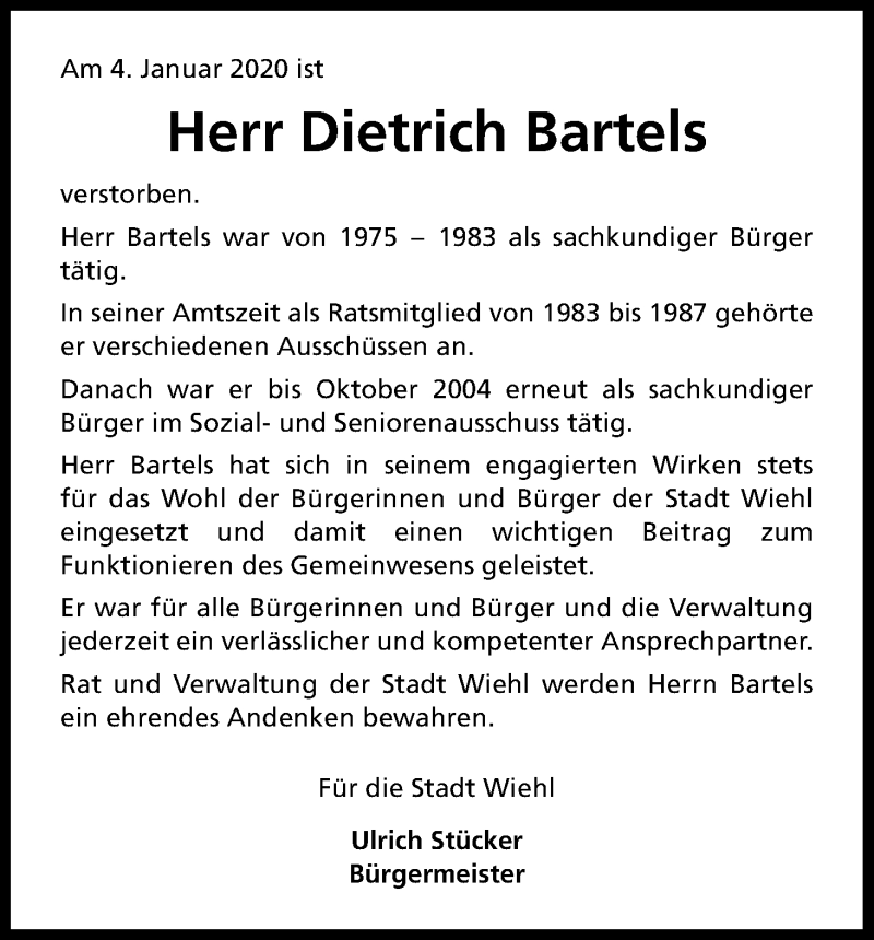  Traueranzeige für Dietrich Bartels vom 17.01.2020 aus Kölner Stadt-Anzeiger / Kölnische Rundschau / Express