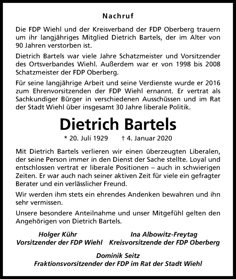  Traueranzeige für Dietrich Bartels vom 15.01.2020 aus Kölner Stadt-Anzeiger / Kölnische Rundschau / Express