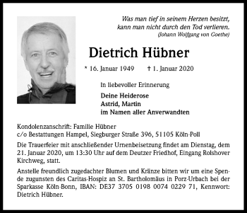 Anzeige von Dietrich Hübner von Kölner Stadt-Anzeiger / Kölnische Rundschau / Express