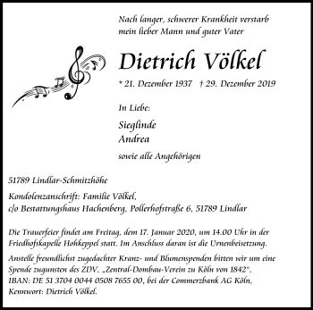 Anzeige von Dietrich Völkel von Kölner Stadt-Anzeiger / Kölnische Rundschau / Express