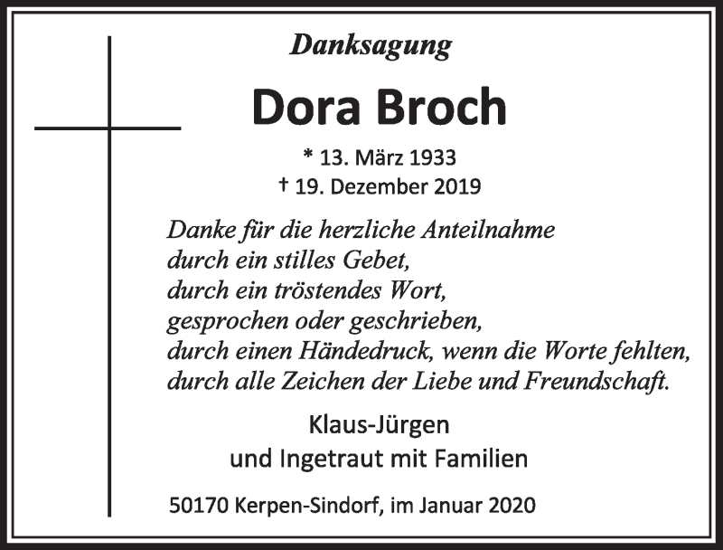  Traueranzeige für Dora Broch vom 18.01.2020 aus  Sonntags-Post 