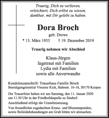 Anzeige von Dora Broch von  Sonntags-Post 