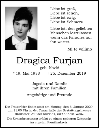 Anzeige von Dragica Furjan von Kölner Stadt-Anzeiger / Kölnische Rundschau / Express