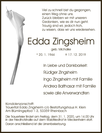 Anzeige von Edda Zingsheim von  Schaufenster/Blickpunkt 