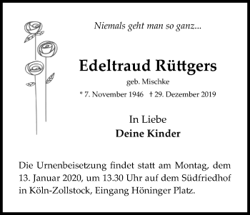 Anzeige von Edeltraud Rüttgers von Kölner Stadt-Anzeiger / Kölnische Rundschau / Express