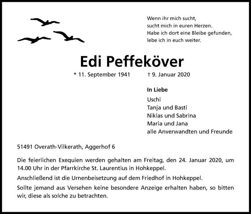  Traueranzeige für Edi Peffeköver vom 18.01.2020 aus Kölner Stadt-Anzeiger / Kölnische Rundschau / Express