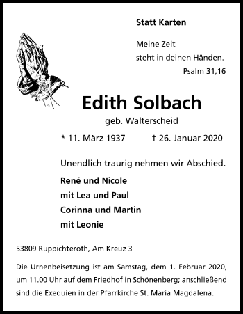 Anzeige von Edith Solbach von Kölner Stadt-Anzeiger / Kölnische Rundschau / Express